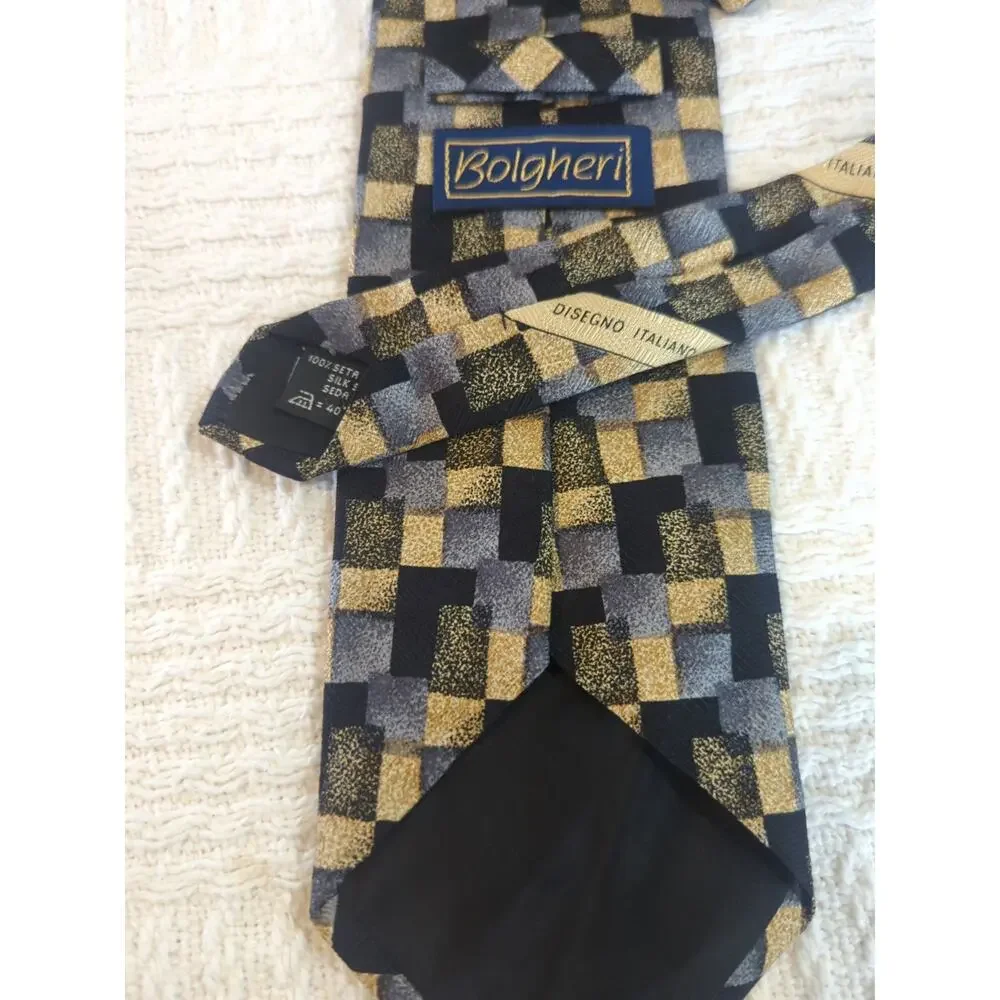 BOLGHERI Woven Geo Design of Dark Blue, Gray, Gold 100% Silk Tie 57
